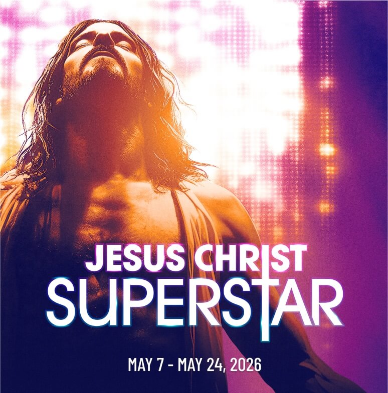A dramatic poster for 'Jesus Christ Superstar' with a man in a robe, eyes closed, bathed in light in Williamson County, Tennessee.