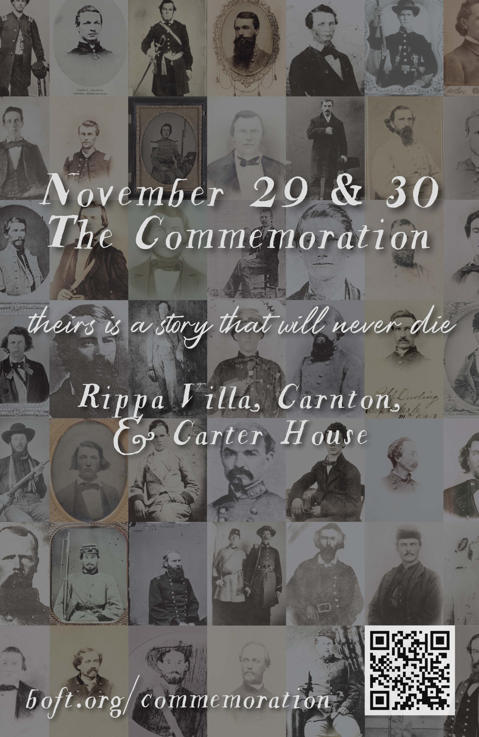 Carter House - Battle of Franklin Anniversary Events Historical poster commemorating Civil War soldiers with portraits and QR code in Williamson County, Tennessee.