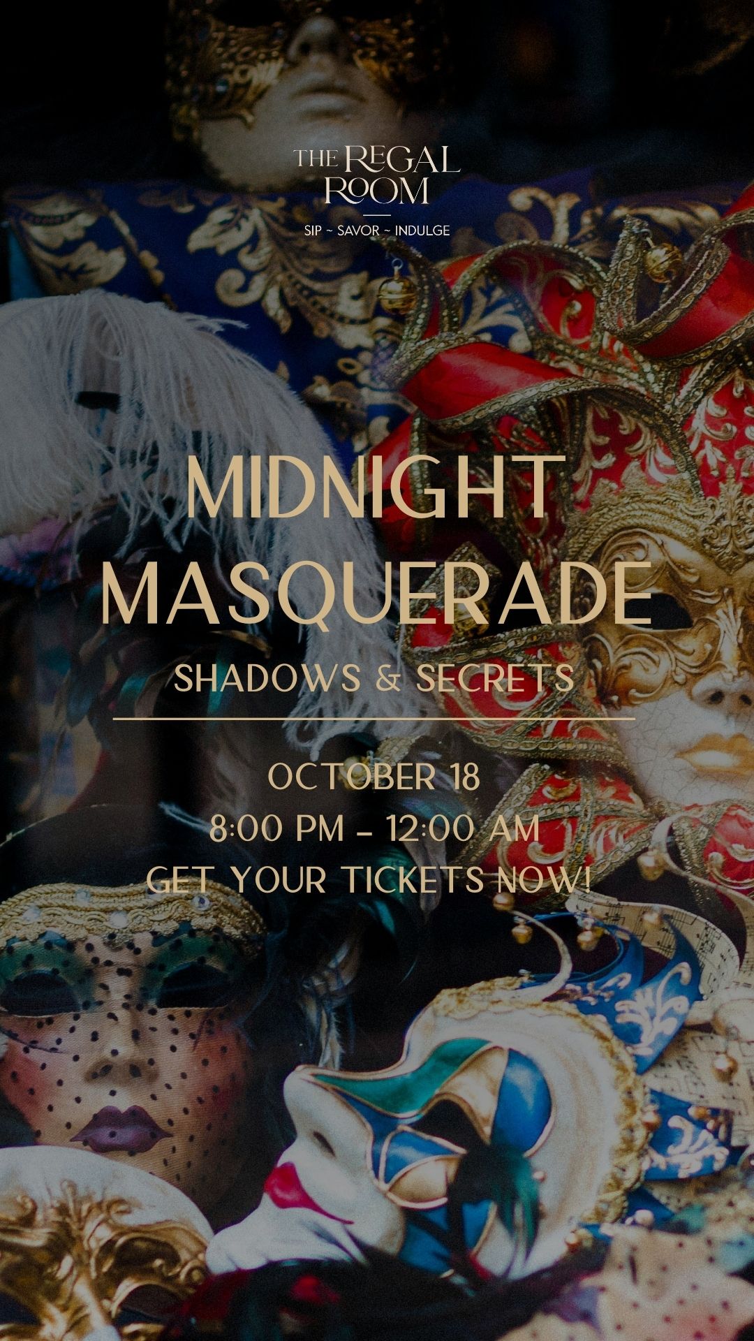 Midnight Masquerade: Shadows and Secrets A poster advertising a masquerade ball with intricate Venetian masks and details in Williamson County, Tennessee.