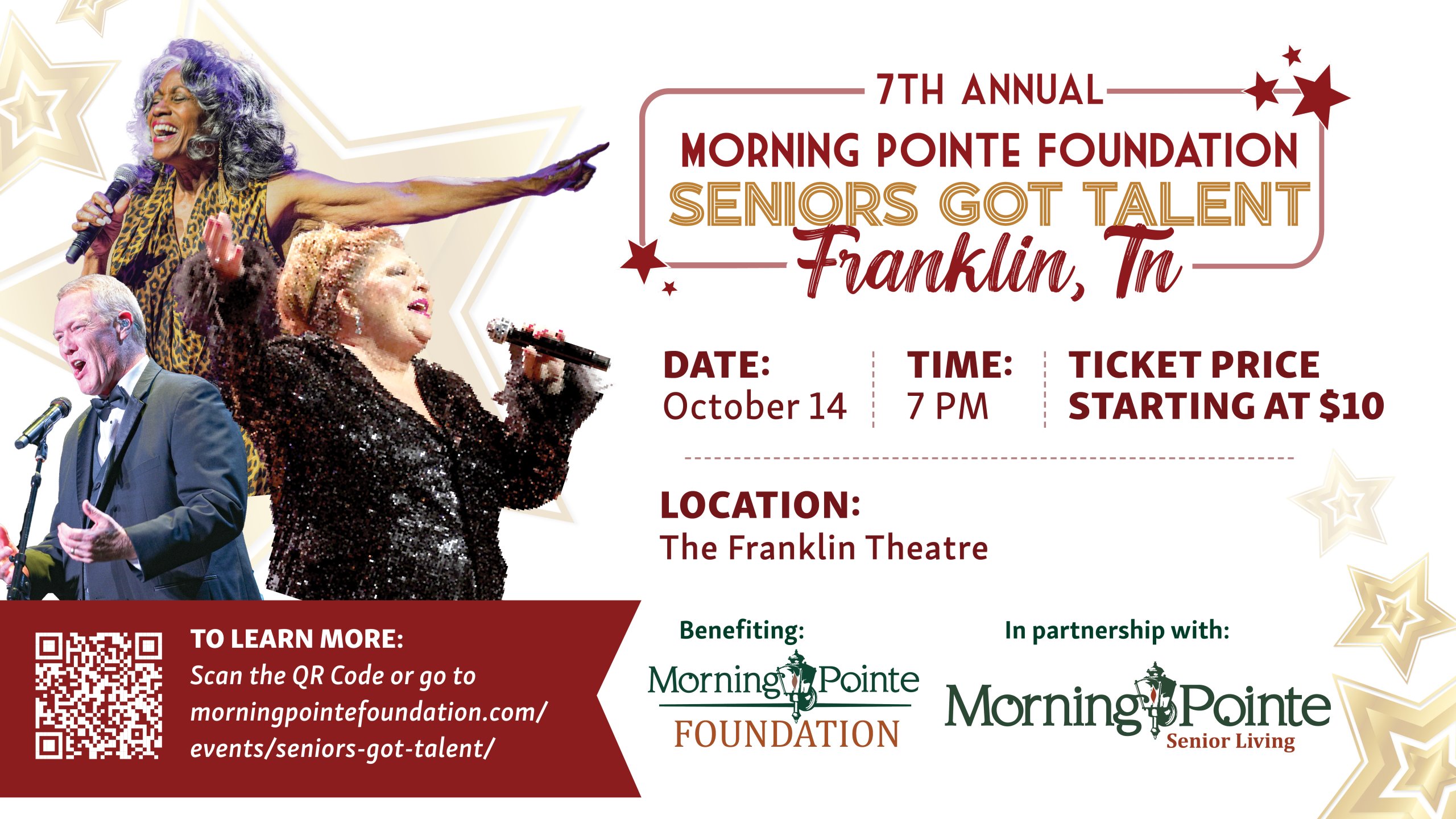 Three senior performers on stage at the Morning Pointe Foundation's Seniors Got Talent event in Williamson County, Tennessee.