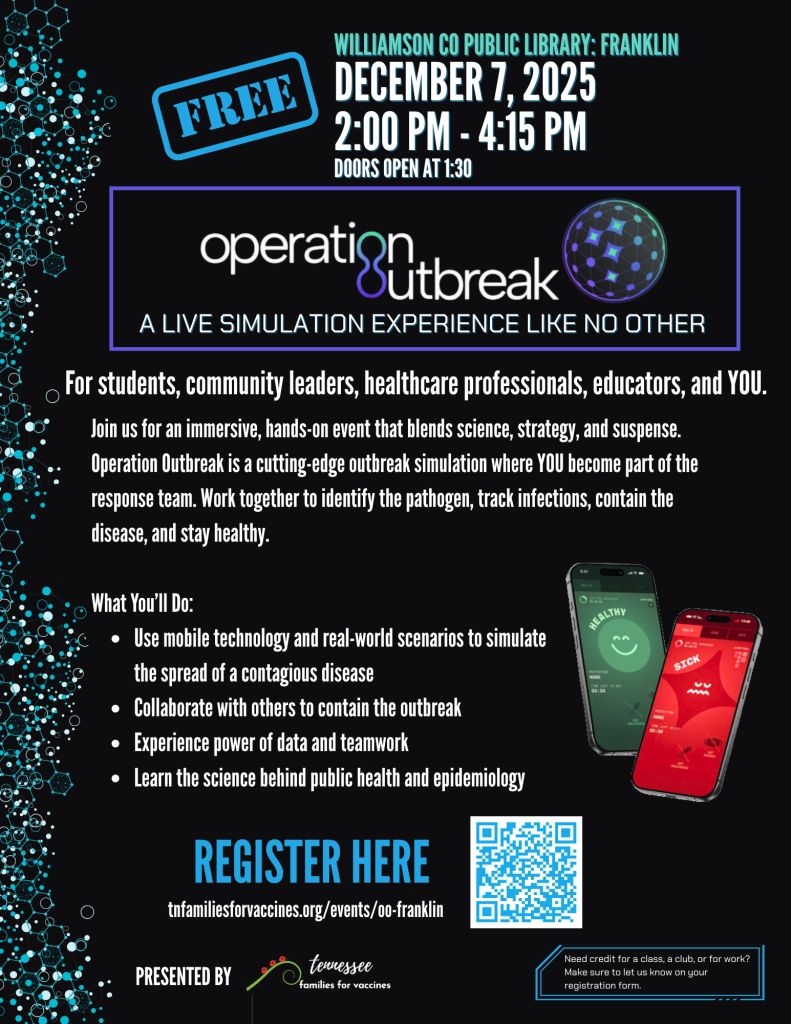 A poster advertising a free, live simulation experience about disease outbreak response at a public library in Williamson County, Tennessee.