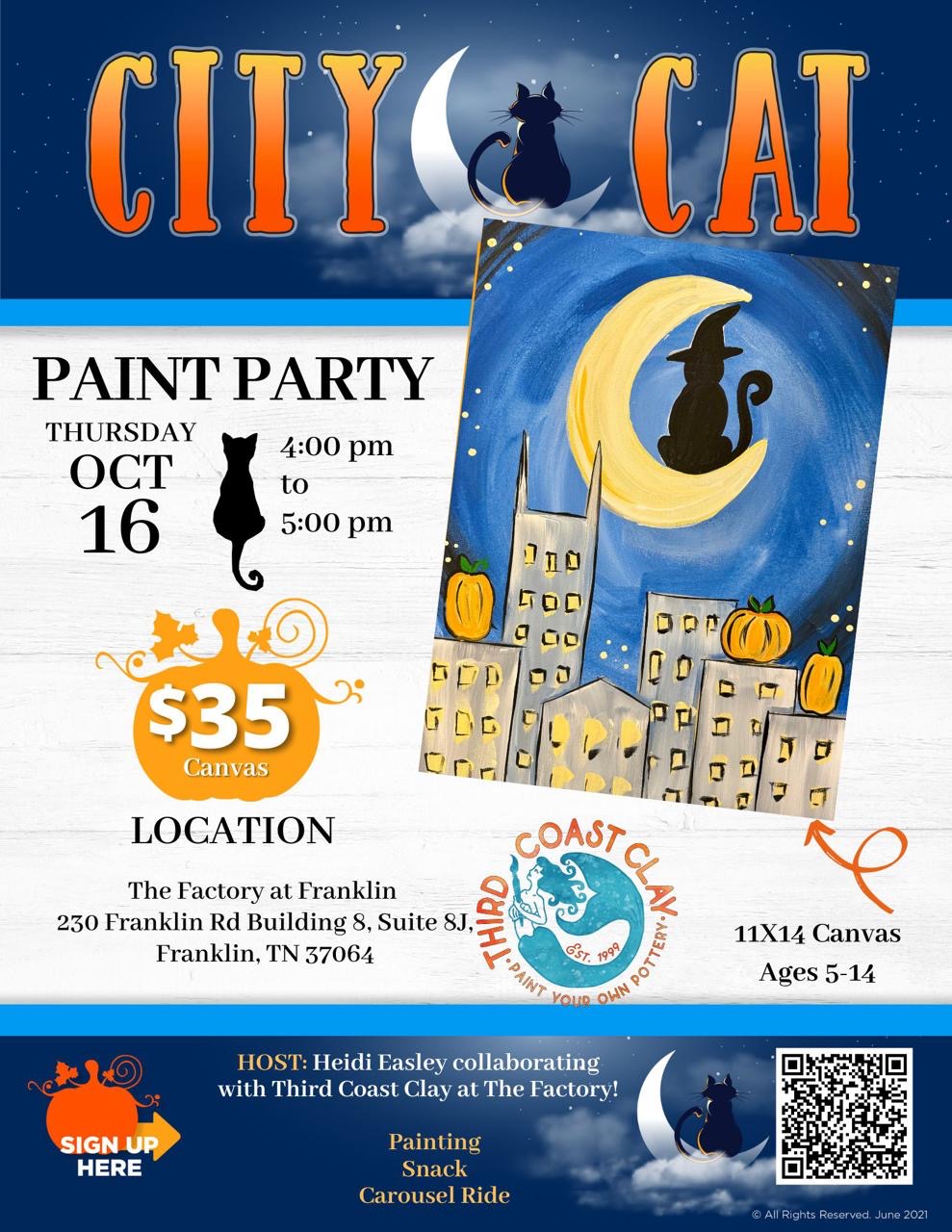 A poster advertising a Halloween-themed paint party featuring a cat on a moon over a cityscape in Williamson County, Tennessee.