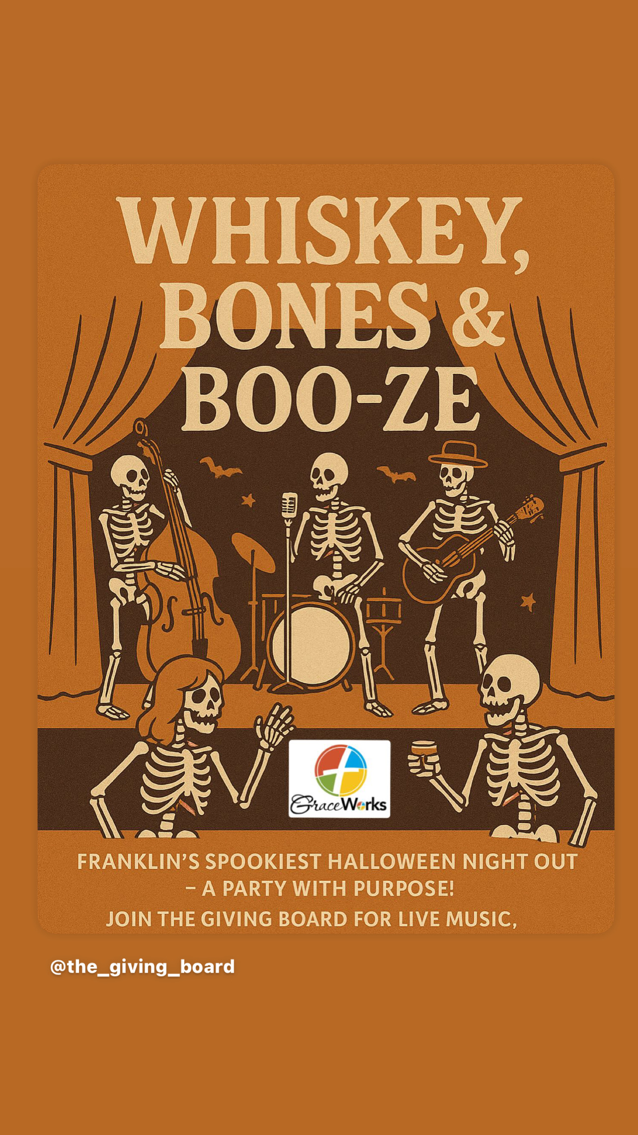 A Halloween-themed poster featuring a skeleton band playing music with a charitable purpose in Williamson County, Tennessee.