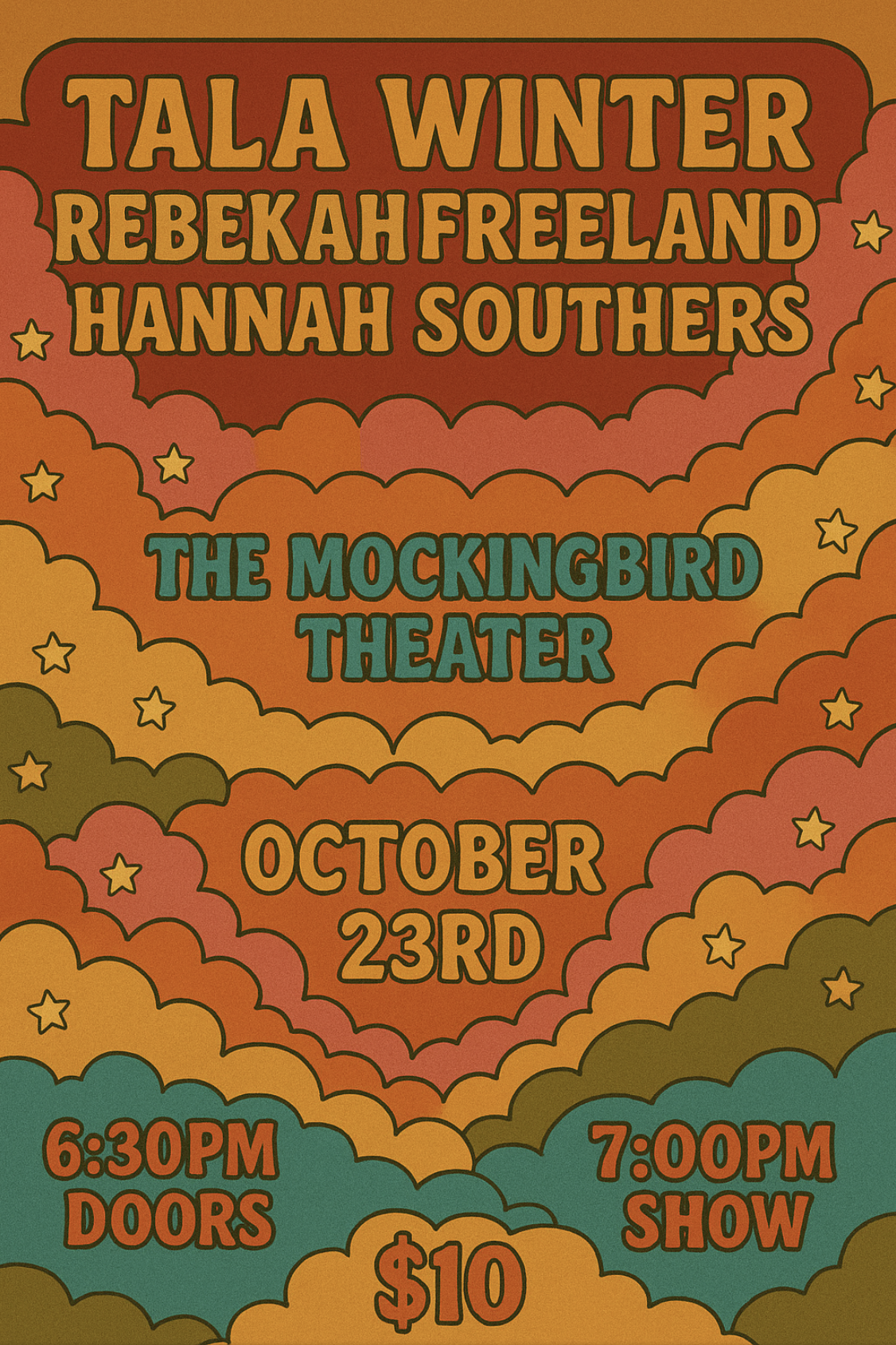 Live Music by Tala Winter, Rebeka Freeland and Hannah Southers Vibrant poster advertises a concert by three bands at the Mockingbird Theater on October 23rd in Williamson County, Tennessee.