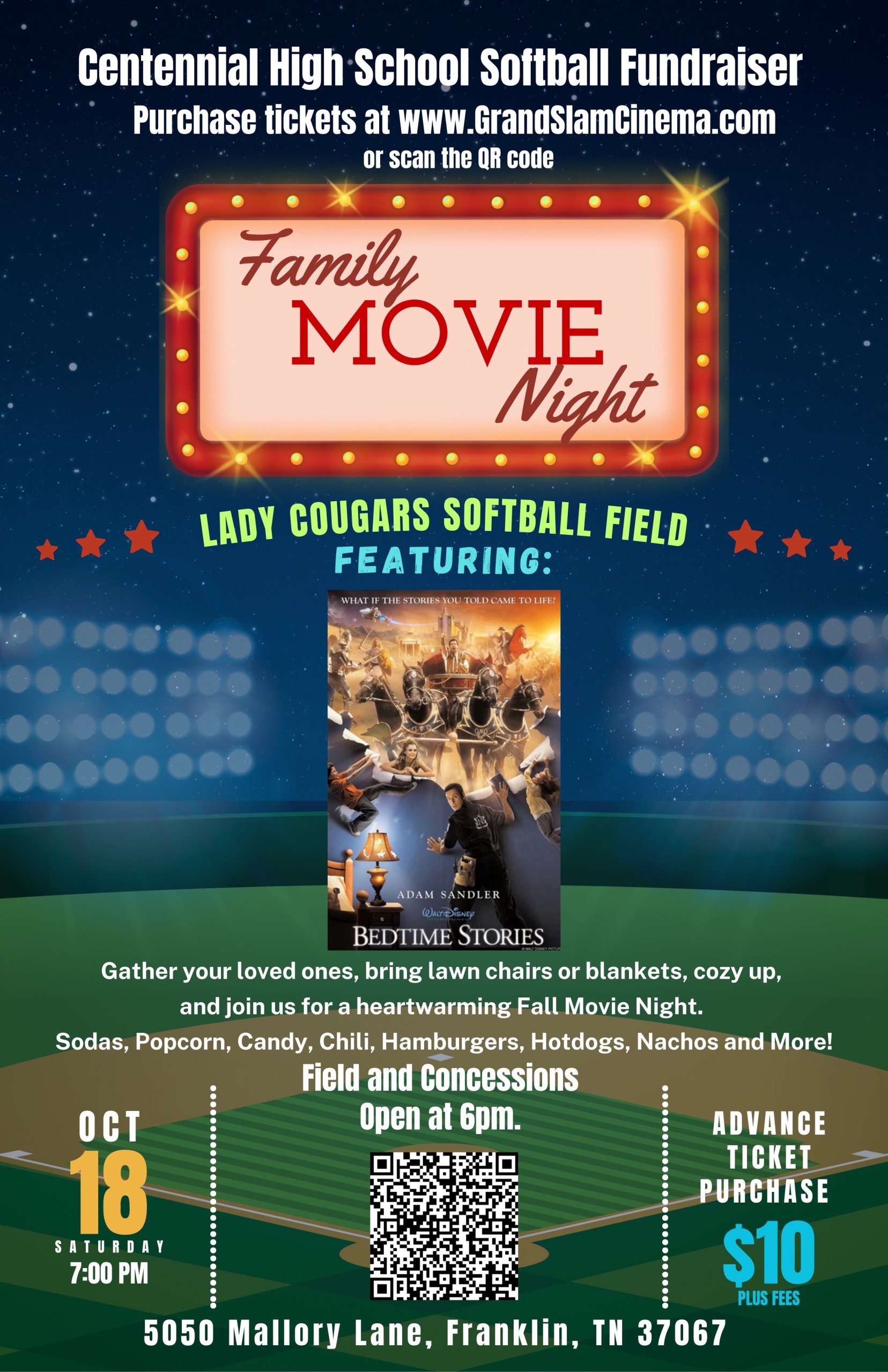 A poster advertising a family movie night fundraiser for a high school softball team in Williamson County, Tennessee.