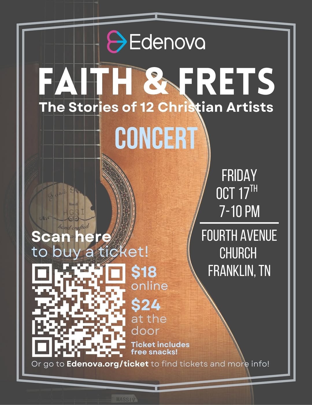 Faith & Frets Concert - The Stories of 12 Christian Songwriters A concert poster featuring a guitar and QR codes for tickets to a Christian music event in Williamson County, Tennessee.