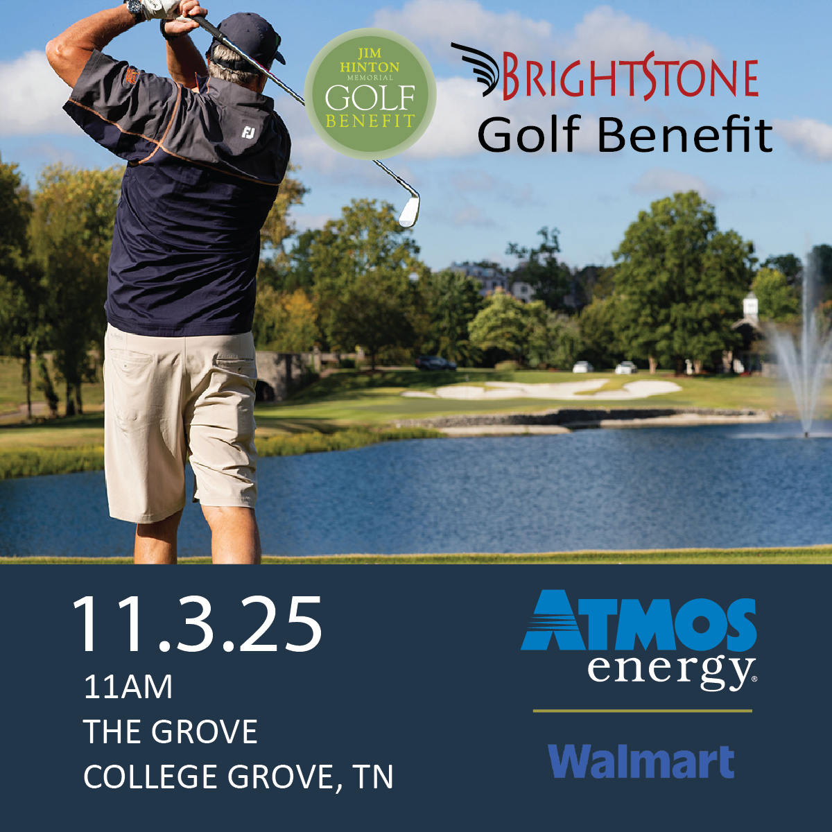 BrightStone Golf Benefit Golfer in blue shirt and khaki shorts preparing to swing at a golf course with a lake in the background in Williamson County, Tennessee.