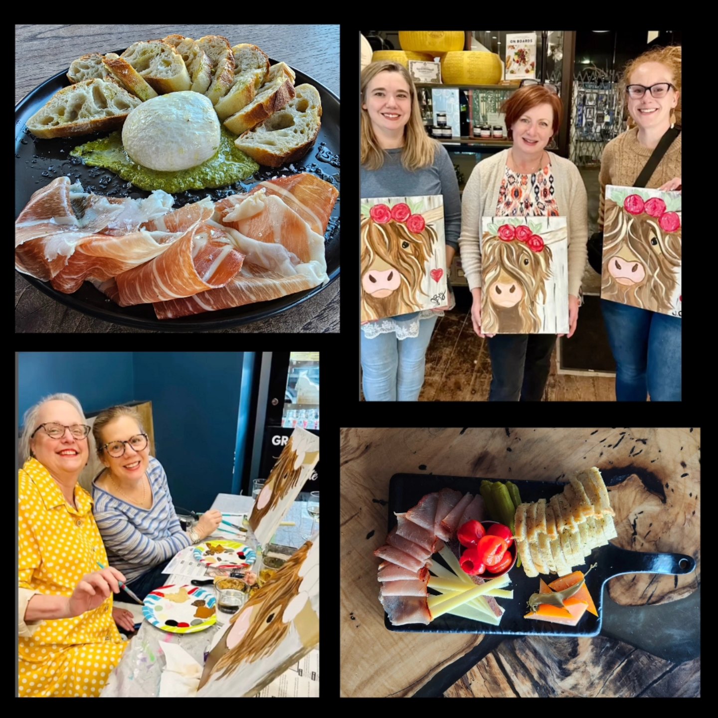 Paint Party A collage of four images showcasing food and drink, including a charcuterie board, a painting class, and a cheese plate in Williamson County, Tennessee.