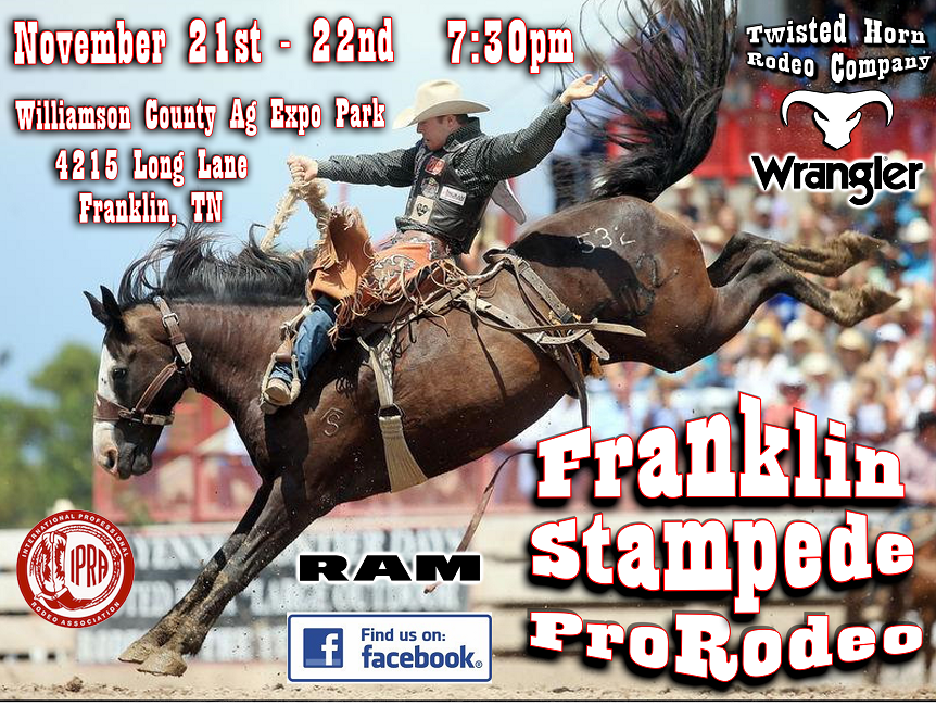 Franklin Stampede Pro Rodeo Cowboy riding bucking bronco at rodeo event with crowd in background in Williamson County, Tennessee.