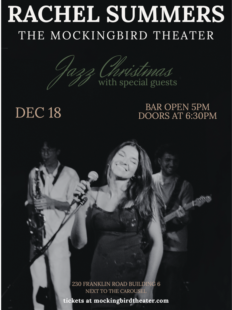 Rachel Summers - Jazz Christmas A black and white poster advertises a jazz Christmas concert by Rachel Summers at the Mockingbird Theater in Williamson County, Tennessee.