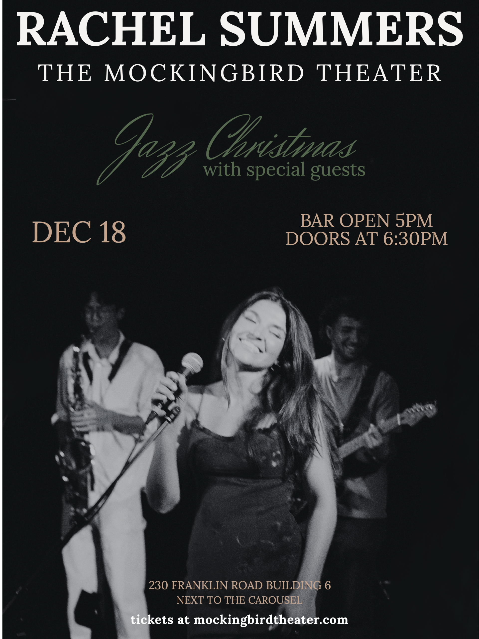 A black and white poster advertises a jazz Christmas concert by Rachel Summers at the Mockingbird Theater in Williamson County, Tennessee.