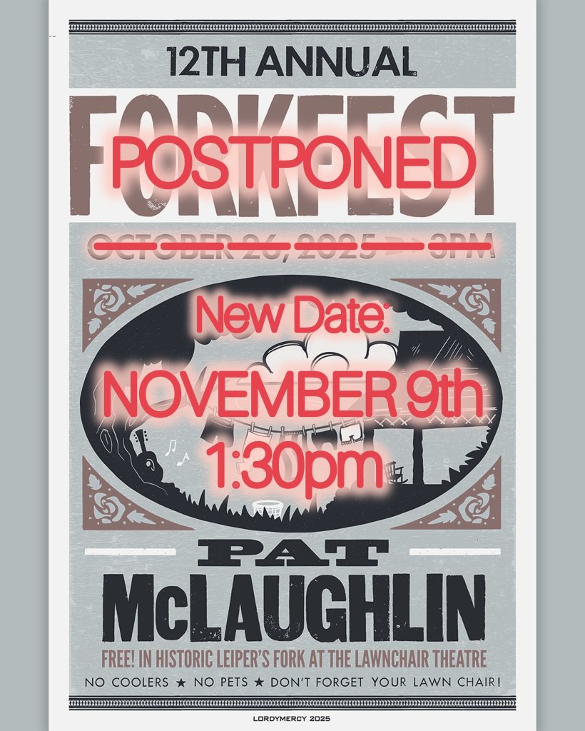 12th Annual ForkFest A poster advertising the 12th Annual Forkfest, postponed to November 9th at 1:30 PM, featuring Pat McLaughlin in Williamson County, Tennessee.