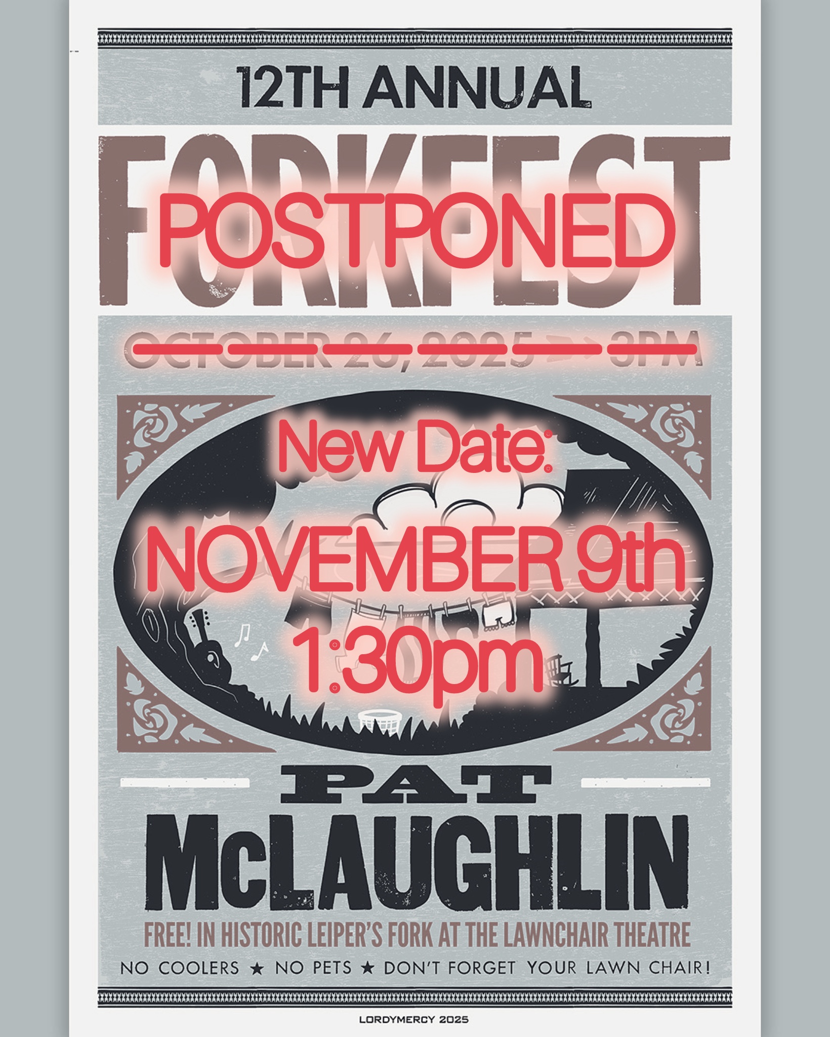 12th Annual ForkFest A poster advertising the 12th Annual Forkfest, postponed to November 9th at 1:30 PM, featuring Pat McLaughlin in Williamson County, Tennessee.