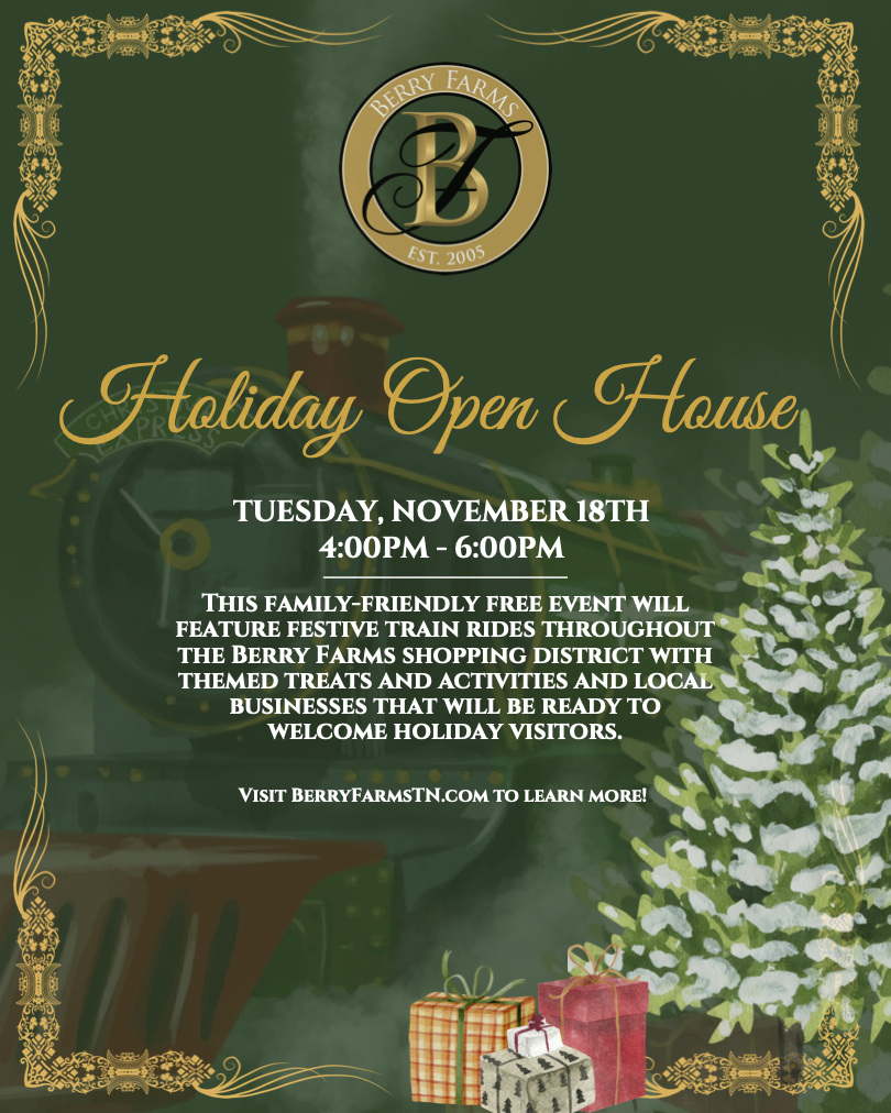 A festive poster advertises a free holiday open house event with train rides and shopping in Williamson County, Tennessee.