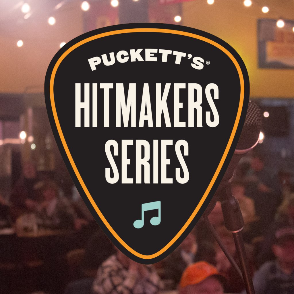 Hitmakers Series featuring Thom Shephard & Gary Hannan A black and yellow guitar pick-shaped sign for Puckett's Hitmakers Series with a musical note in Williamson County, Tennessee.