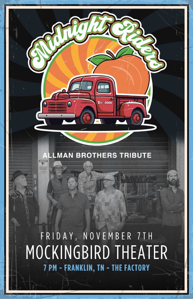 Vintage poster advertises a tribute concert for Allman Brothers Band at Mockingbird Theater in Williamson County, Tennessee.