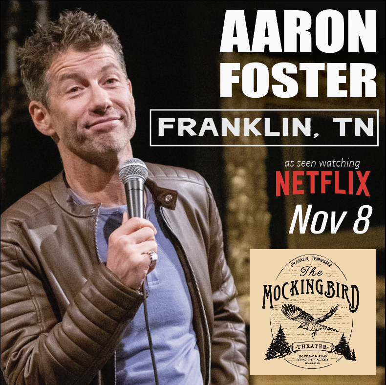 A man in a leather jacket holds a microphone, smiling, with Netflix and theater logos nearby in Williamson County, Tennessee.