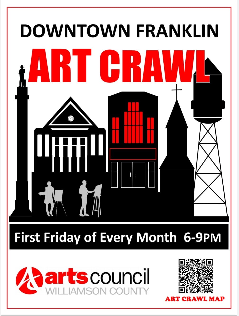 Downtown Franklin Art Crawl - Every First Friday! A poster advertising an art crawl event in downtown Franklin, featuring a silhouette of buildings and artists in Williamson County, Tennessee.