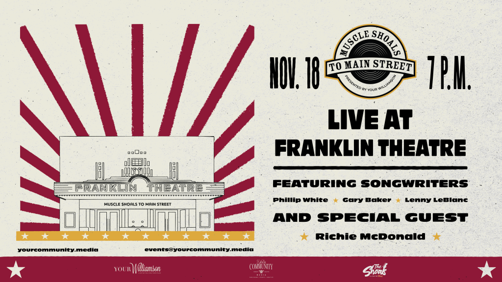 Muscle Shoals to Main Street Vintage-style poster advertising a live music event at Franklinlin Theatre featuring songwriters and a special guest in Williamson County, Tennessee.