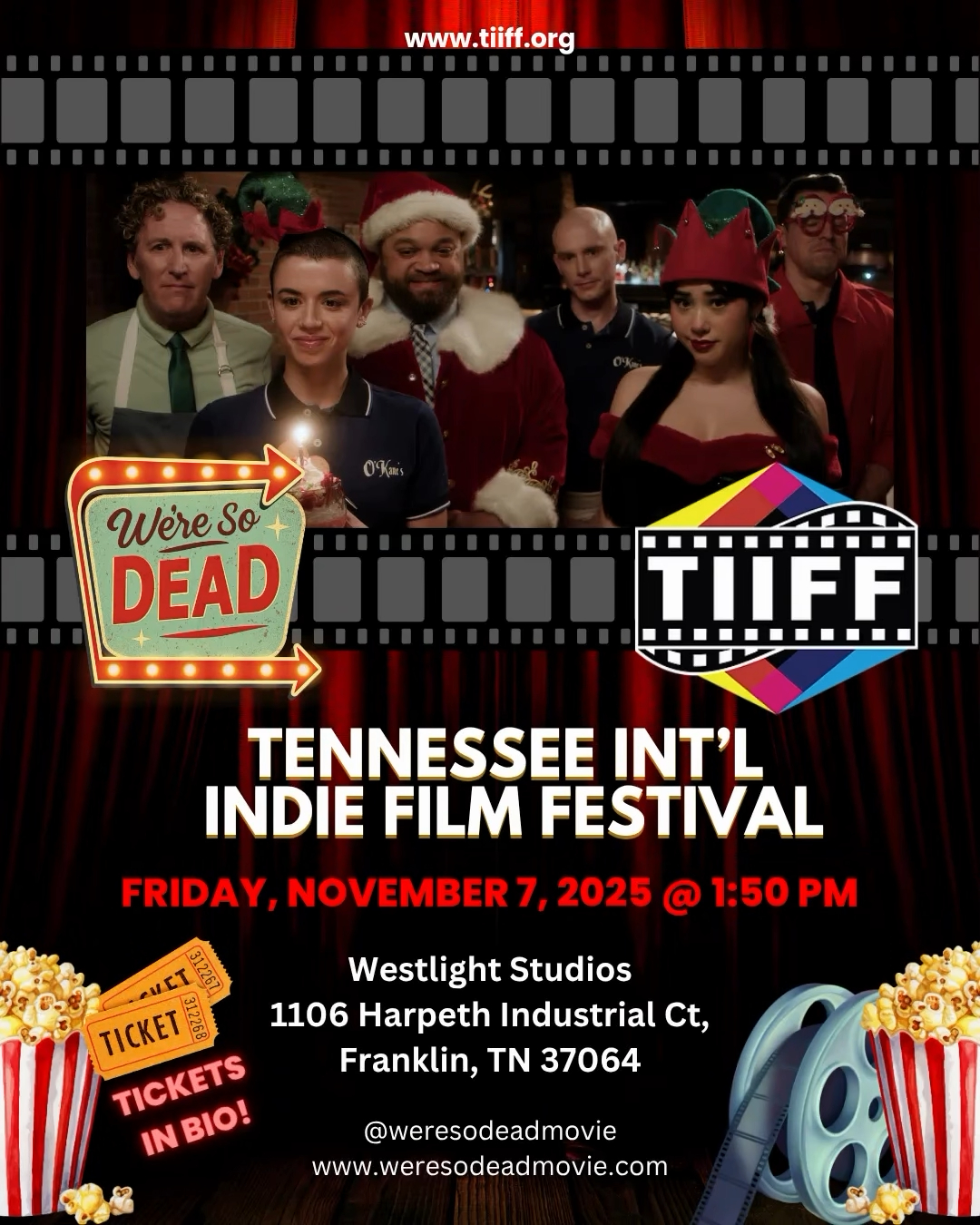 ‘We’re So Dead’ Film: Horror-Comedy Coming to Tennessee Indie Film Fest on Nov. 7th A festive movie poster advertising an indie film festival with a holiday theme in Williamson County, Tennessee.