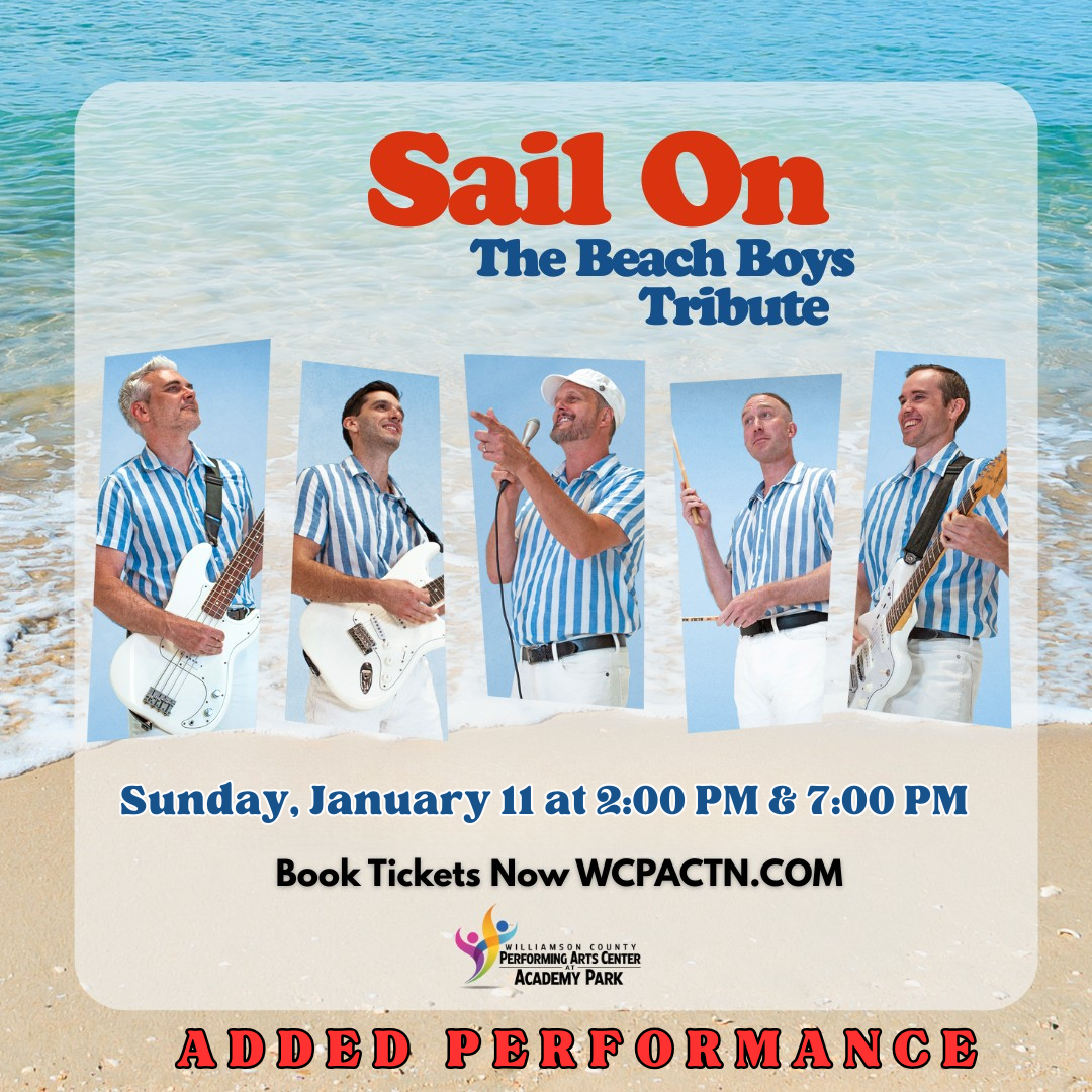 Five men in blue and white striped shirts play instruments on a beach for a tribute concert in Williamson County, Tennessee.