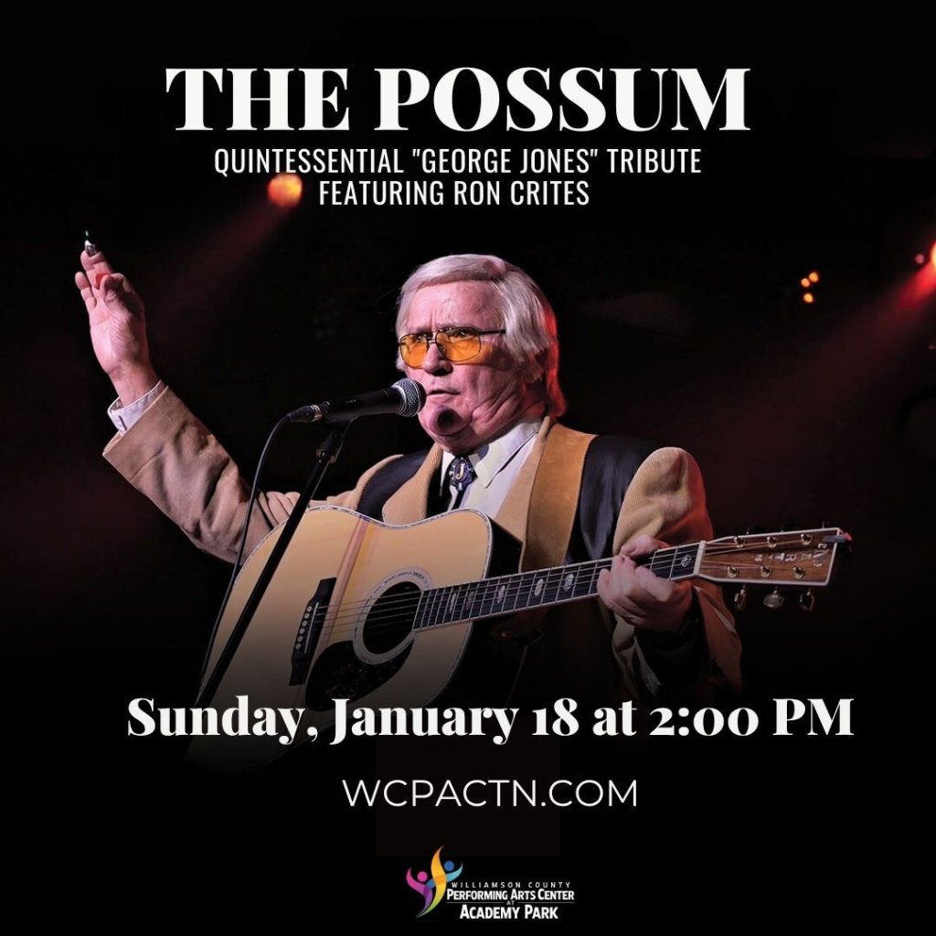 The Possum – Quintessential “George Jones” Tribute featuring Ron Crites George Jones tribute concert featuring Ron Crites playing acoustic guitar on stage in Williamson County, Tennessee.