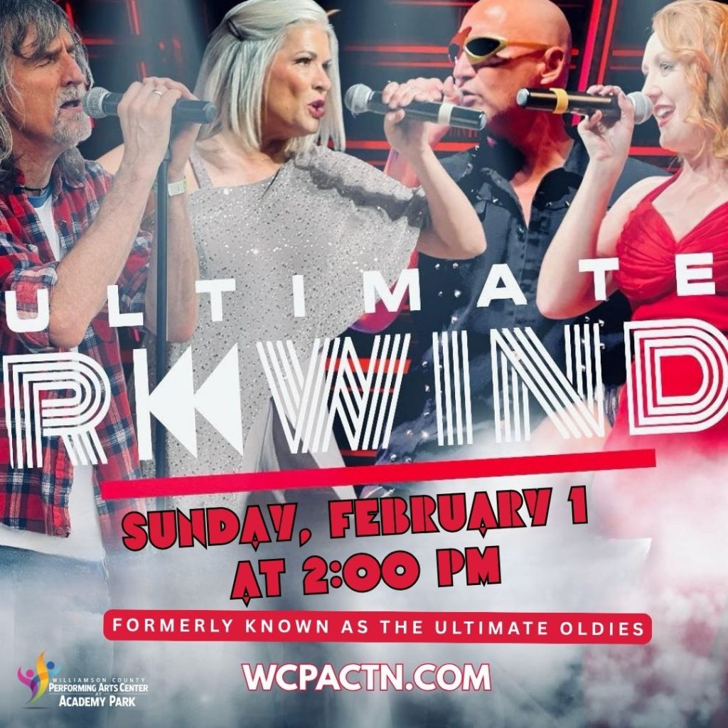 Four musicians perform on stage, singing into microphones with a backdrop of 'Ultimate Rewind' text in Williamson County, Tennessee.