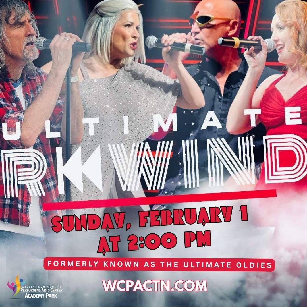 Ultimate Rewind formally known as "The Ultimate Oldies" Four musicians perform on stage, singing into microphones with a backdrop of 'Ultimate Rewind' text in Williamson County, Tennessee.