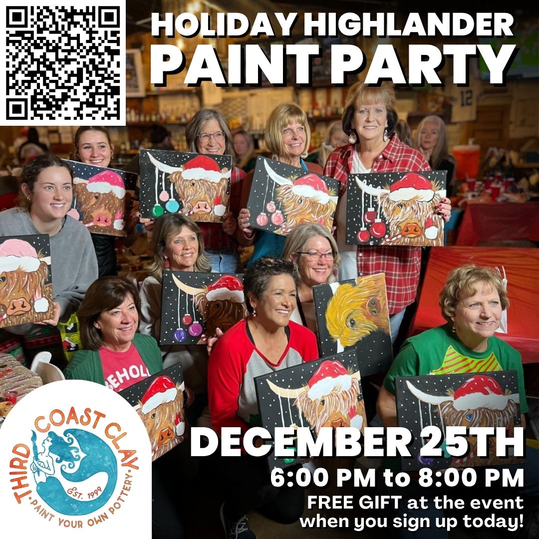 Women at a holiday paint party creating Highland cow paintings with Santa hats in Williamson County, Tennessee.