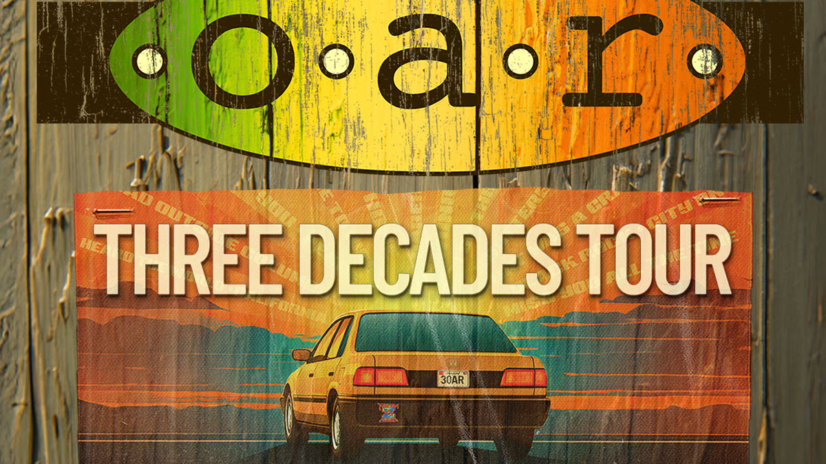 Vintage-style poster advertising a 'Three Decades Tour' with a car graphic in Williamson County, Tennessee.