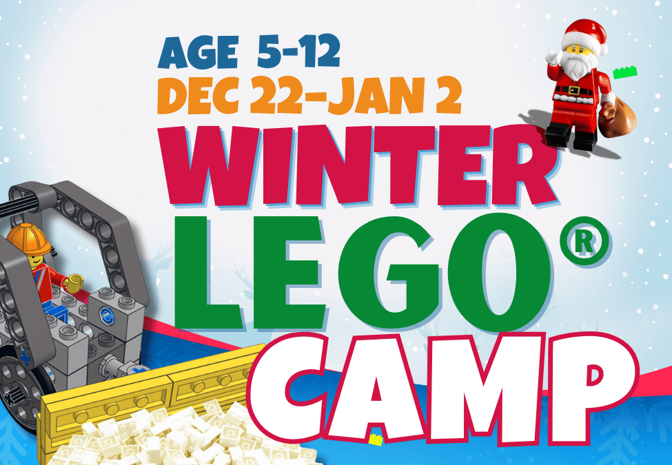 A colorful poster advertises a LEGO winter camp for kids aged 5-12, featuring a snowplow and Santa Claus in Williamson County, Tennessee.