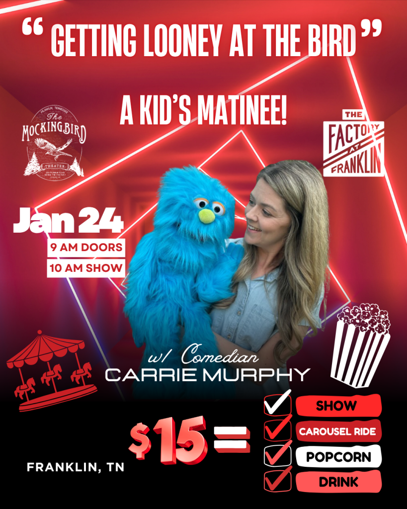 A woman with a blue puppet promotes a children's matinee show with a comedian in Williamson County, Tennessee.