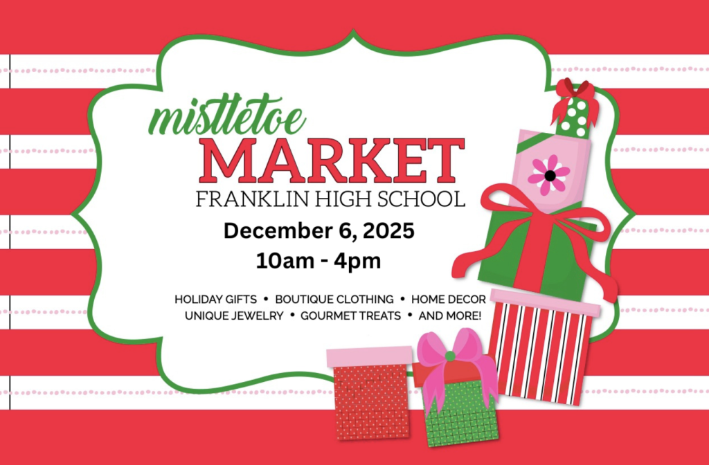 A festive flyer for a holiday market with various gift items for sale in Williamson County, Tennessee.