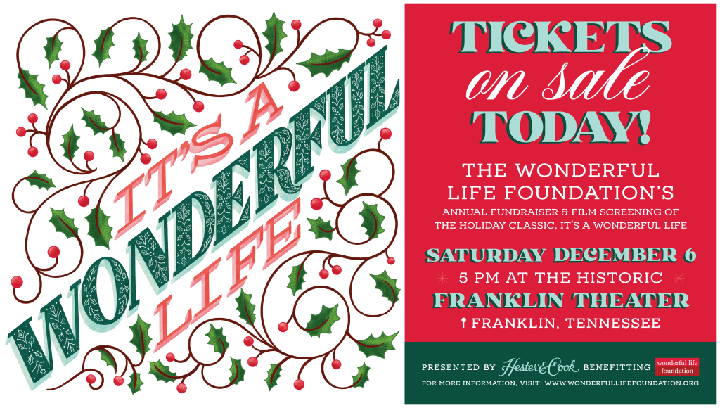 A festive poster advertises a holiday film screening fundraiser with intricate holly designs in Williamson County, Tennessee.