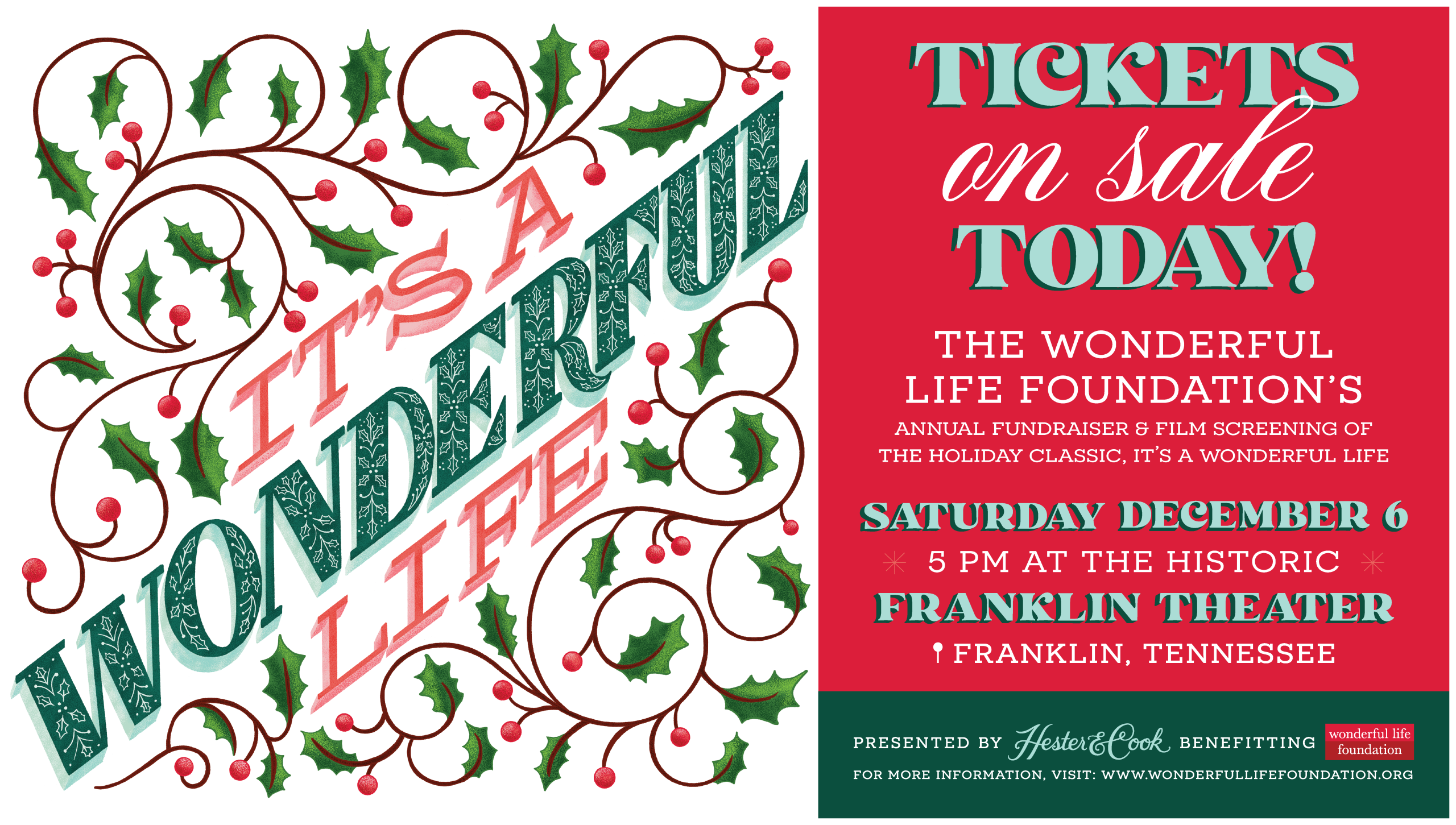 A festive poster advertises a holiday film screening fundraiser with intricate holly designs in Williamson County, Tennessee.