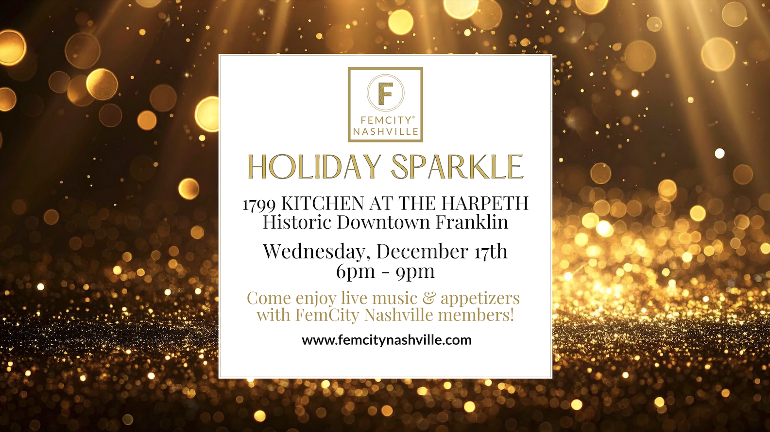 Golden sparkles and confetti celebrate a festive holiday event in Nashville in Williamson County, Tennessee.