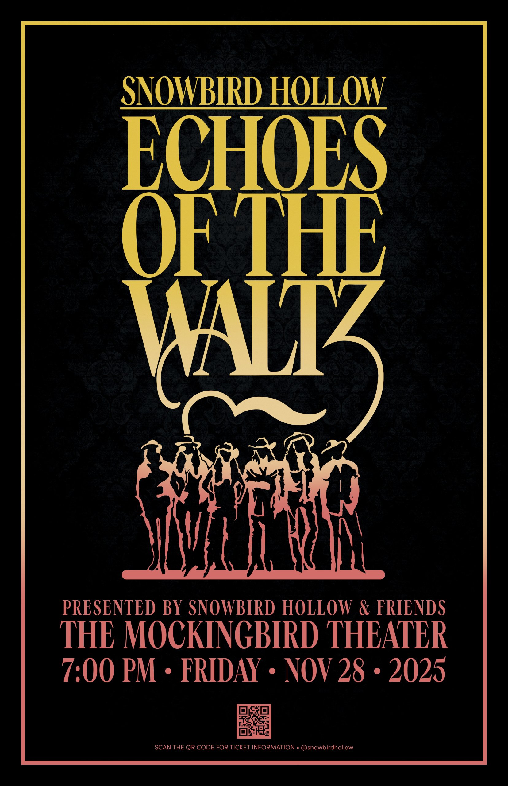 A poster for a theatrical performance of 'Echoes of the Waltz' by Snowbird Hollow & Friends in Williamson County, Tennessee.