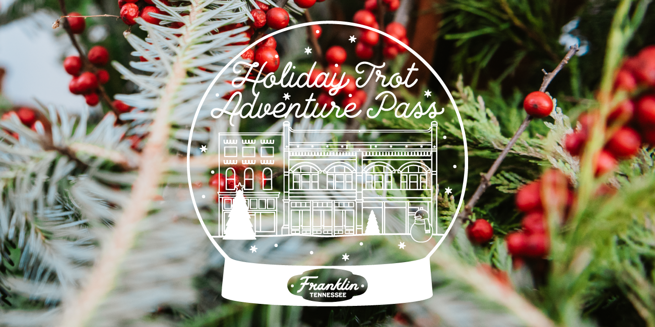 A snow globe design with 'Holiday Trot Adventure Pass' text and Christmas imagery in Williamson County, Tennessee.