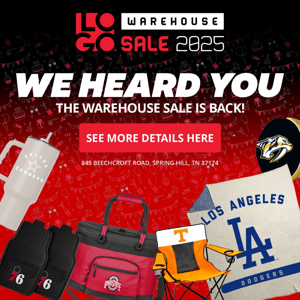 Sports merchandise warehouse sale featuring team logos and branded items in Williamson County, Tennessee.