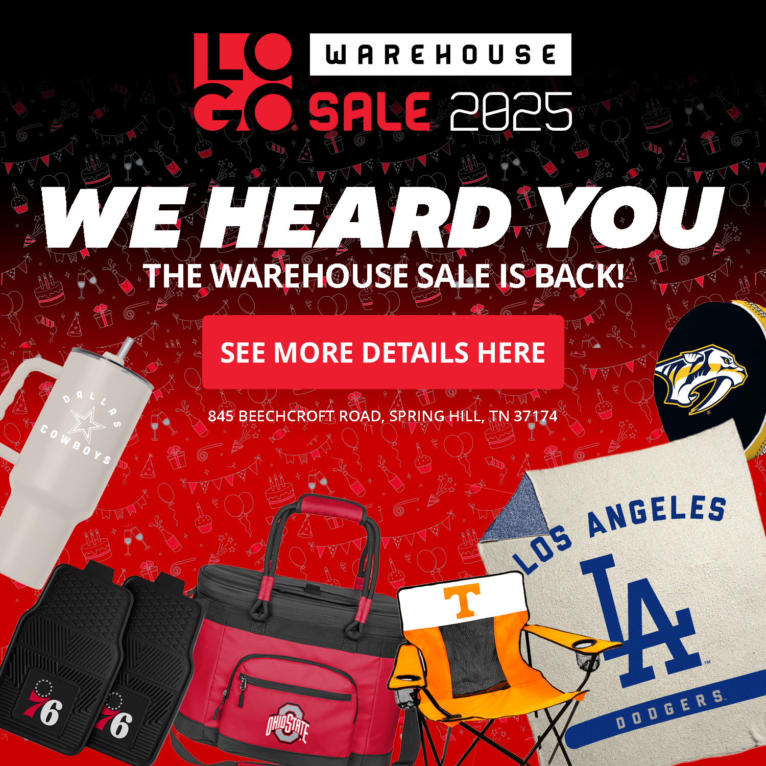 Sports merchandise warehouse sale featuring team logos and branded items in Williamson County, Tennessee.