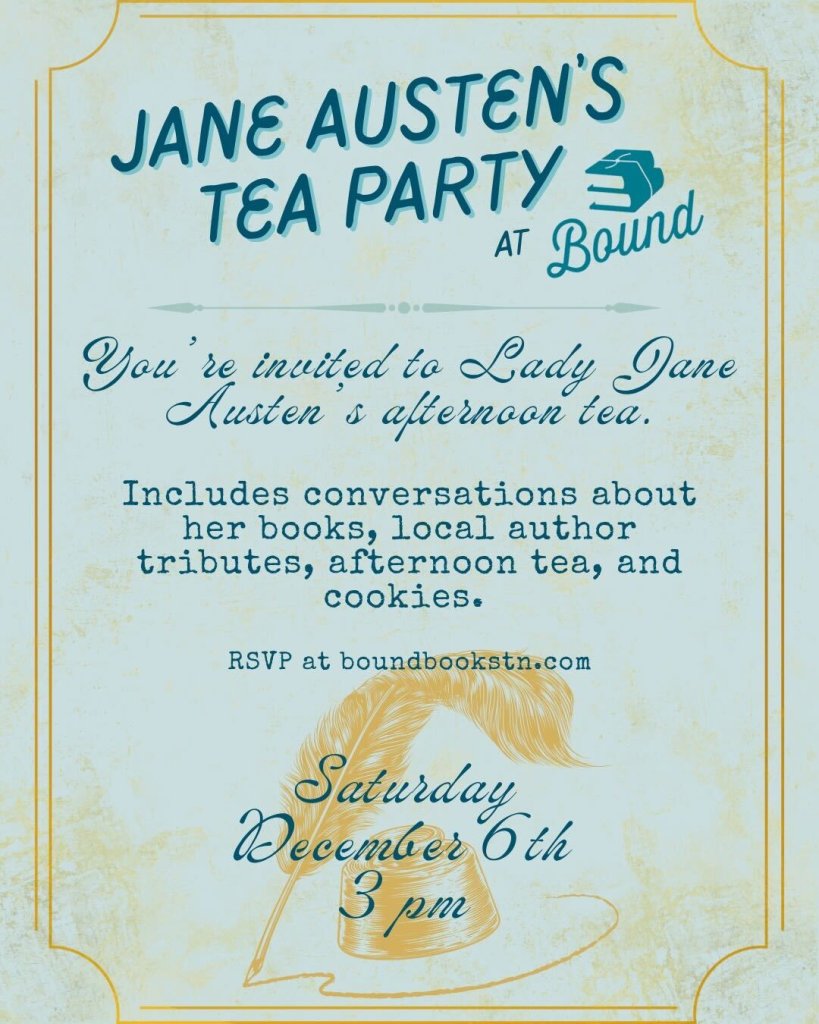 Vintage-style invitation to a Jane Austen-themed tea party with books and cookies in Williamson County, Tennessee.