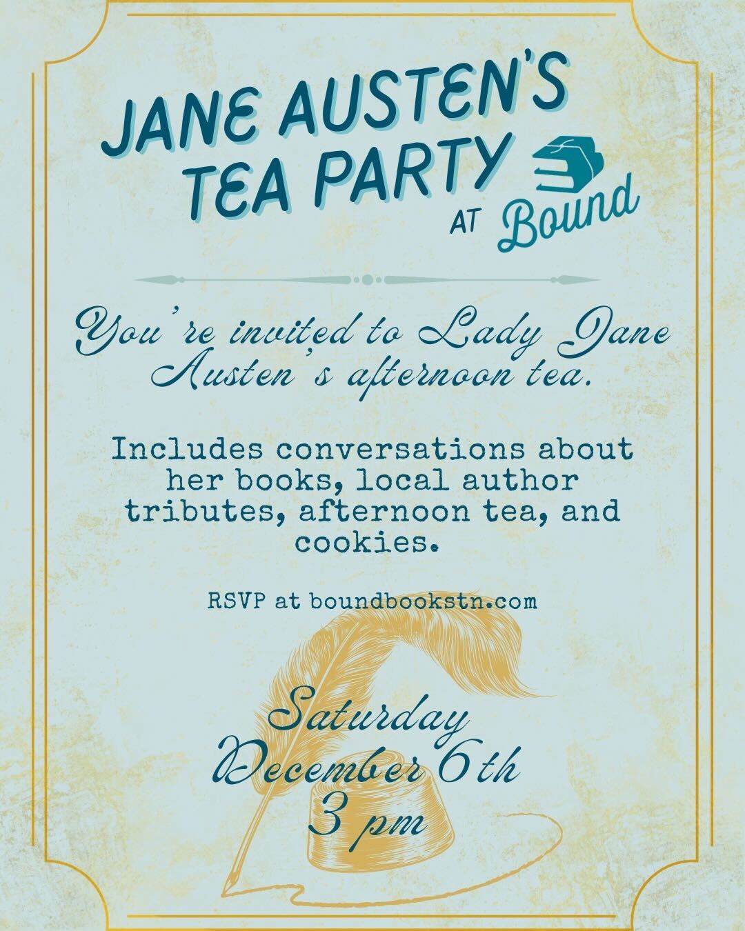Vintage-style invitation to a Jane Austen-themed tea party with books and cookies in Williamson County, Tennessee.