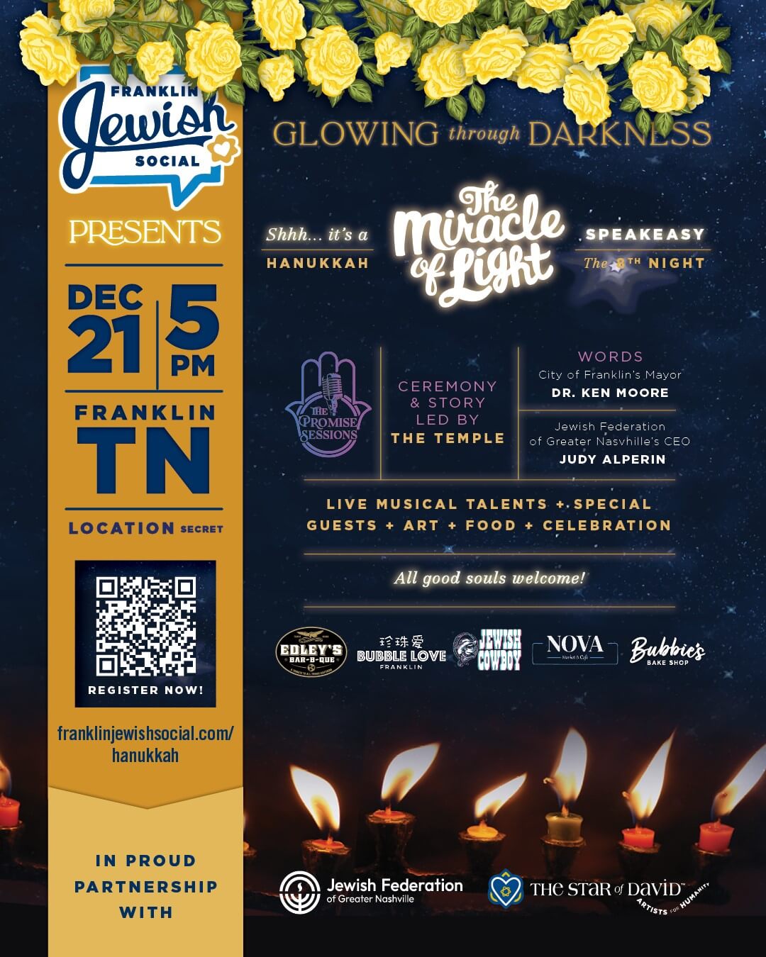 Hanukkah event poster featuring yellow roses, candles, and musical notes in Williamson County, Tennessee.