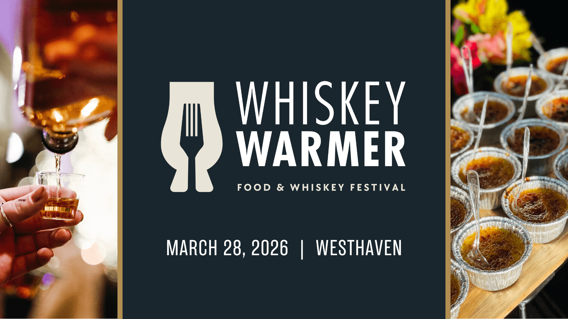 A promotional poster for the Whiskey Warmer Food & Whiskey Festival on March 28, 2026, in Westhaven in Williamson County, Tennessee.