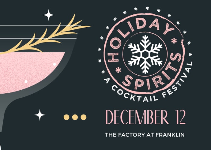 A festive poster advertises a holiday cocktail festival with snowflakes and a pink drink in Williamson County, Tennessee.