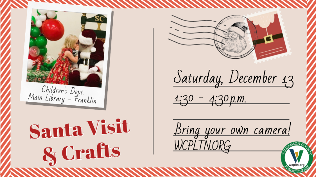 A festive postcard invites children to visit Santa and make crafts at the library in Williamson County, Tennessee.