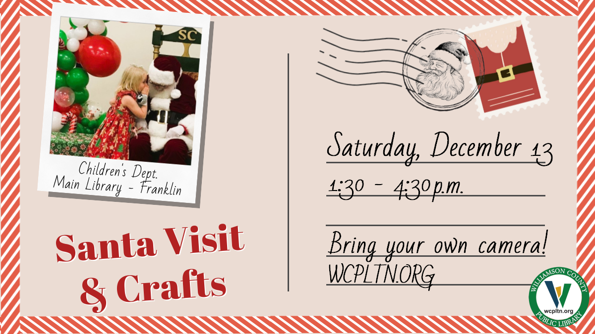 A festive postcard invites children to visit Santa and make crafts at the library in Williamson County, Tennessee.