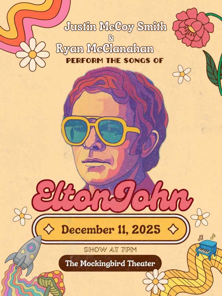 A vibrant poster advertises a December 11, 2025, concert by Elton John tribute artists at the Mockingbird Theater in Williamson County, Tennessee.