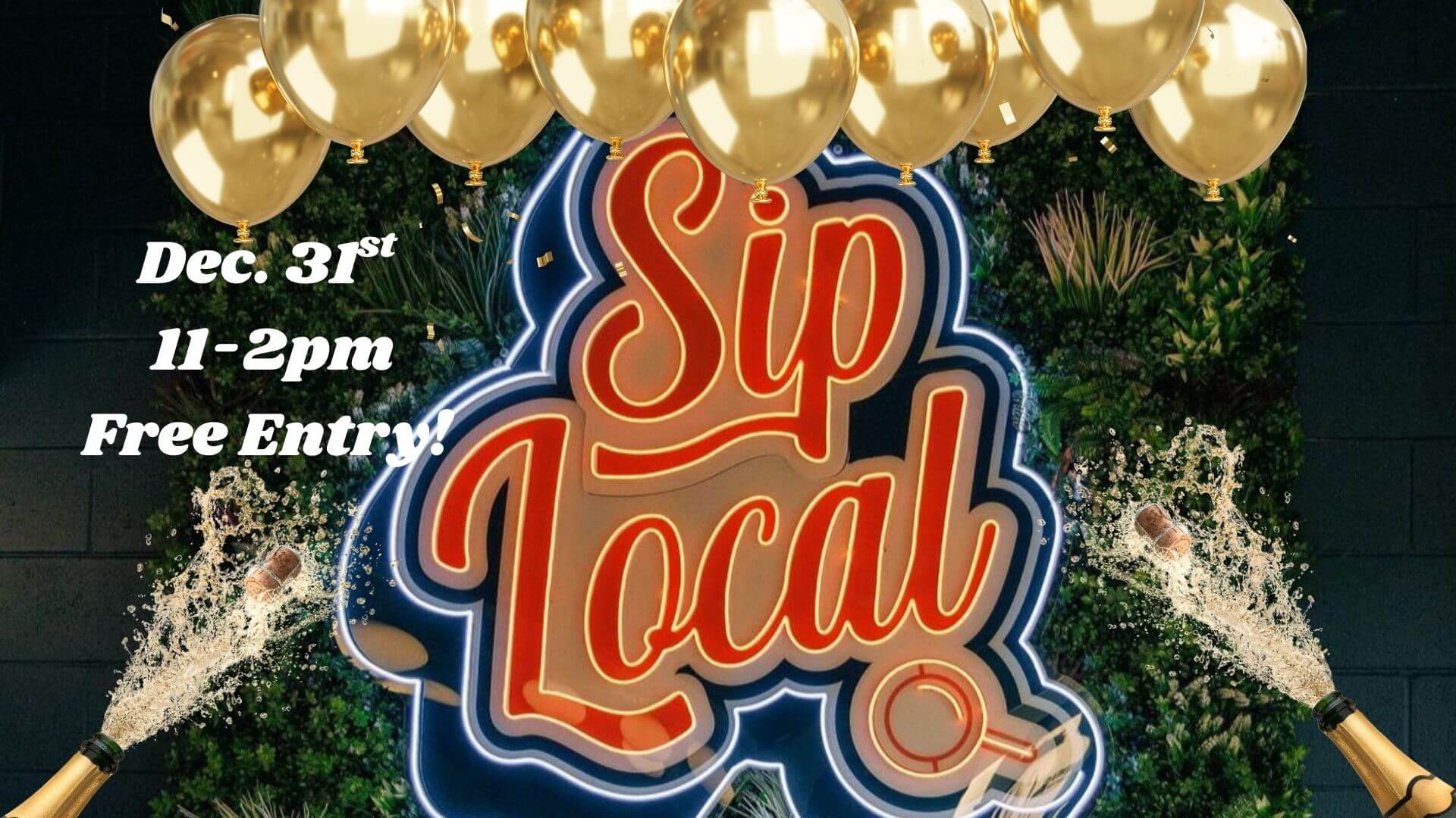 A festive poster advertising a free entry event called 'Sip Local' with champagne and balloons in Williamson County, Tennessee.