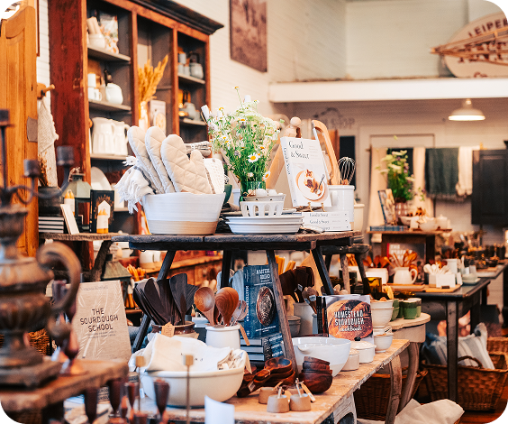 A cozy kitchen store filled with cooking utensils, books, and decorative items in Williamson County, Tennessee.